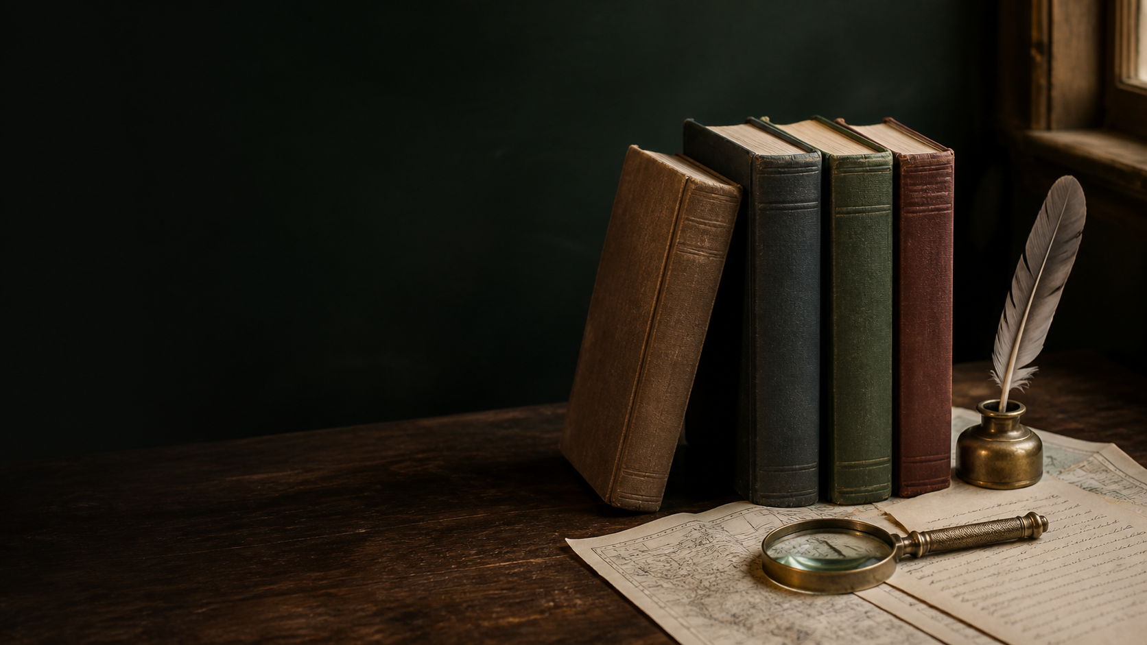 Four clothbound books beside a quill, archival map, and brass magnifying glass